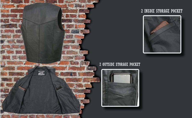 EVENT LEATHER EL1310GO Men's Classic Western Style Snap Button Black Motorcycle Riders Leather Vest - 4X-Large - Image 4